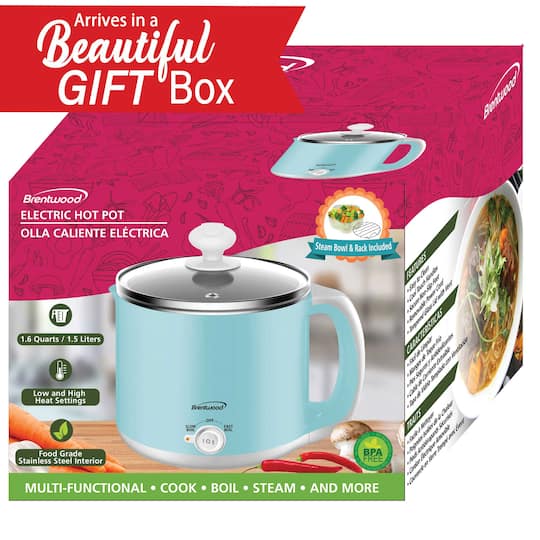 Brentwood Blue 1.6qt. 600 Watt Stainless Steel Electric Hot Pot Cooker & Food Steamer